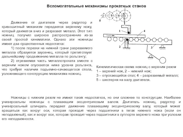 Вспомогательные механизмы прокатных станов Движение от двигателя через редуктор и кривошипный механизм передается