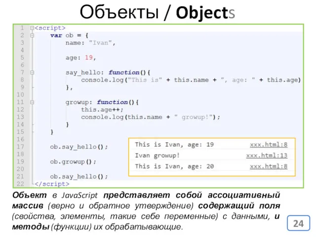 Объекты / Objects Объект в JavaScript представляет собой ассоциативный массив