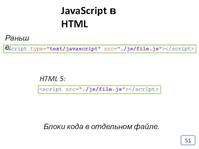 JavaScript в HTML Блоки кода в отдельном файле. Раньше: HTML 5:
