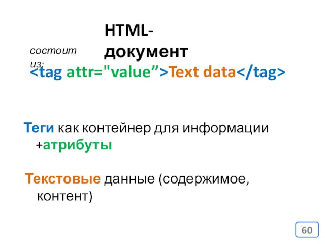 HTML-документ Text data Теги как контейнер для информации +атрибуты Текстовые данные (содержимое, контент) состоит из: