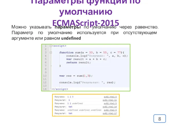 Параметры функции по умолчанию ECMAScript-2015 Можно указывать параметры по умолчанию