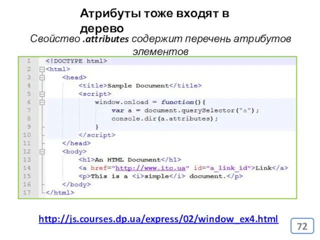 Атрибуты тоже входят в дерево Свойство .attributes содержит перечень атрибутов элементов http://js.courses.dp.ua/express/02/window_ex4.html