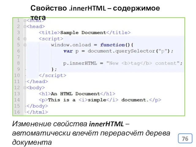 Свойство .innerHTML – содержимое тега Изменение свойства innerHTML – автоматически влечёт перерасчёт дерева документа