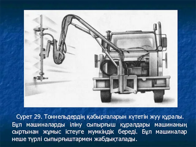 Сурет 29. Тоннельдердің қабырғаларын күтетін жуу құралы. Бұл машиналарды іліну сыпырғыш құралдары машинаның