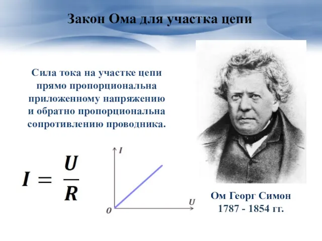 Закон Ома для участка цепи Сила тока на участке цепи