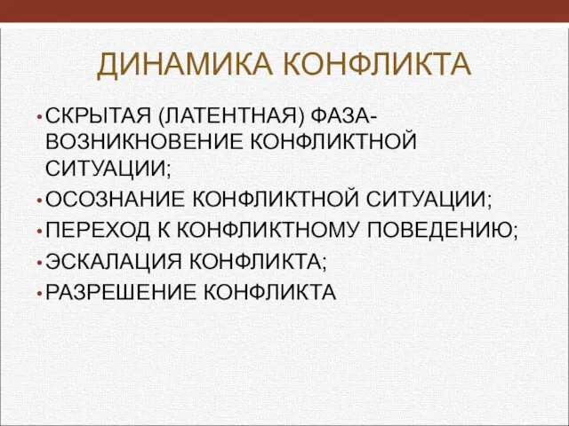 ДИНАМИКА КОНФЛИКТА СКРЫТАЯ (ЛАТЕНТНАЯ) ФАЗА-ВОЗНИКНОВЕНИЕ КОНФЛИКТНОЙ СИТУАЦИИ; ОСОЗНАНИЕ КОНФЛИКТНОЙ СИТУАЦИИ;