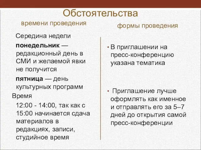 Обстоятельства времени проведения Середина недели понедельник — редакционный день в