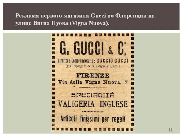 Реклама первого магазина Gucci во Флоренции на улице Вигна Нуова (Vigna Nuova).