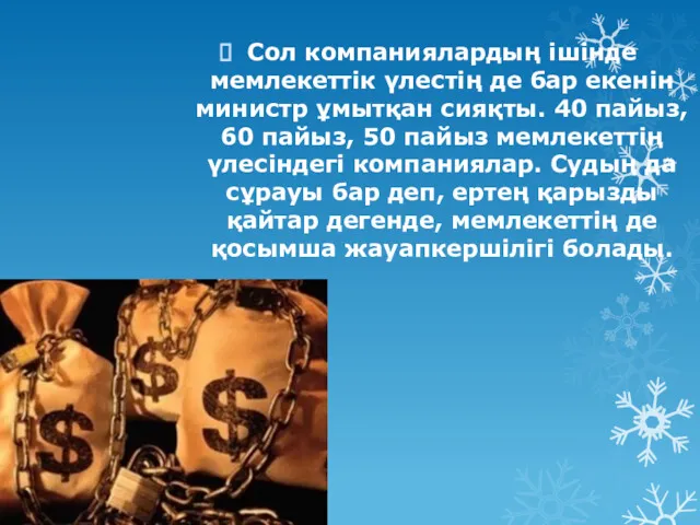 Сол компаниялардың ішінде мемлекеттік үлестің де бар екенін министр ұмытқан