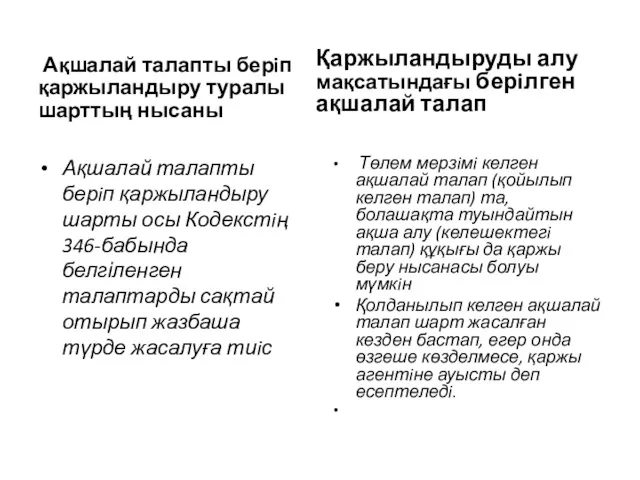 Ақшалай талапты берiп қаржыландыру туралы шарттың нысаны Ақшалай талапты берiп