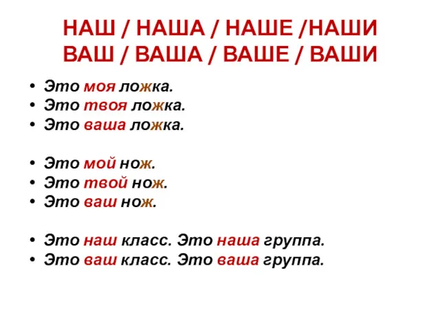 НАШ / НАША / НАШЕ /НАШИ ВАШ / ВАША / ВАШЕ / ВАШИ