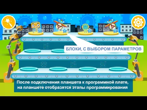 БЛОКИ, С ВЫБОРОМ ПАРАМЕТРОВ После подключения планшета к программной плате, на планшете отобразятся этапы программирования