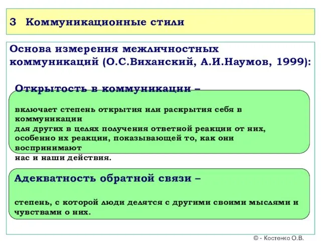 3 Коммуникационные стили Основа измерения межличностных коммуникаций (О.С.Виханский, А.И.Наумов, 1999):