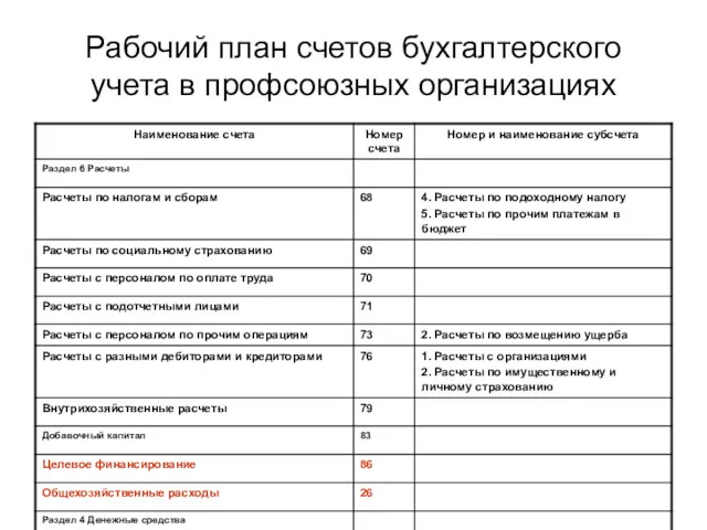 Рабочий план счетов бухгалтерского учета в профсоюзных организациях