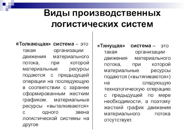 Виды производственных логистических систем «Тянущая» система – это такая организации