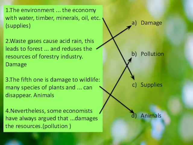 1.The environment ... the economy with water, timber, minerals, oil, etc. (supplies) 2.Waste