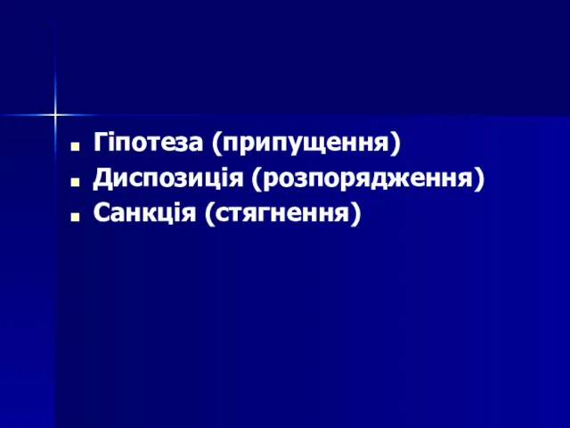 Гіпотеза (припущення) Диспозиція (розпорядження) Санкція (стягнення)