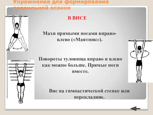 Упражнения для формирования правильной осанки В ВИСЕ Махи прямыми ногами