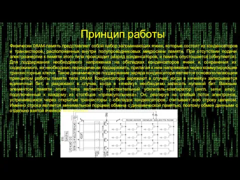 Принцип работы Физически DRAM-память представляет собой набор запоминающих ячеек, которые