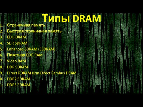 Типы DRAM Страничная память Быстрая страничная память EDO DRAM SDR