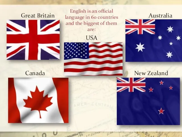 Great Britain Canada USA Australia New Zealand English is an official language in