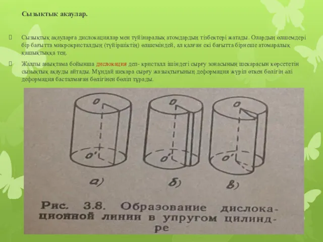 Сызықтық ақаулар. Сызықтық ақауларға дислокациялар мен түйінаралық атомдардың тізбектері жатады. Олардың өлшемдері бір