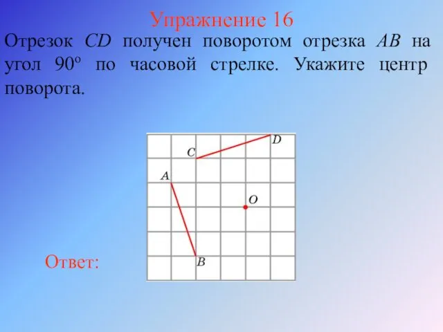 Упражнение 16 Отрезок CD получен поворотом отрезка AB на угол 90о по часовой