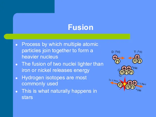 Fusion Process by which multiple atomic particles join together to