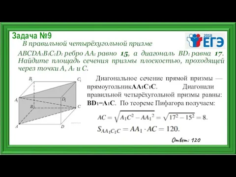 Задача №9 В правильной четырёхугольной призме ABCDA1B1C1D1 ребро AA1 равно