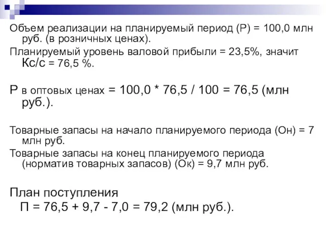 Объем реализации на планируемый период (Р) = 100,0 млн руб. (в розничных ценах).