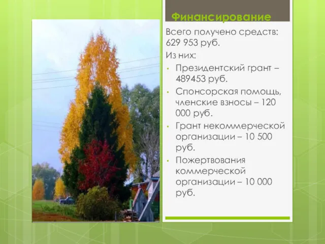 Финансирование Всего получено средств: 629 953 руб. Из них: Президентский