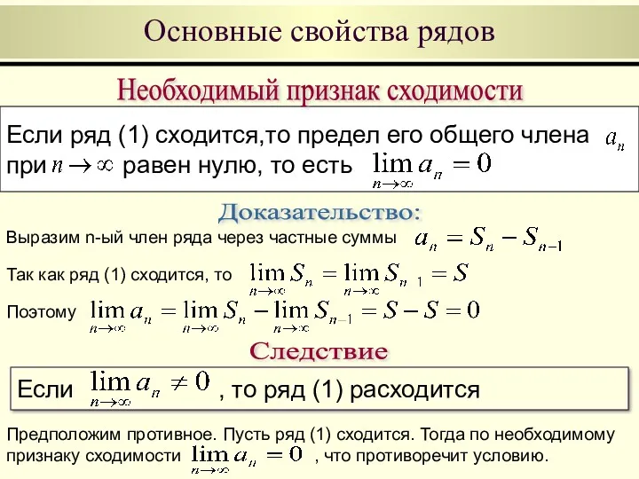 Если ряд (1) сходится,то предел его общего члена при равен