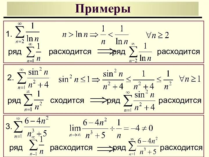 Примеры 1. ряд расходится 2. ряд расходится ряд сходится ряд расходится 3. ряд расходится ряд расходится