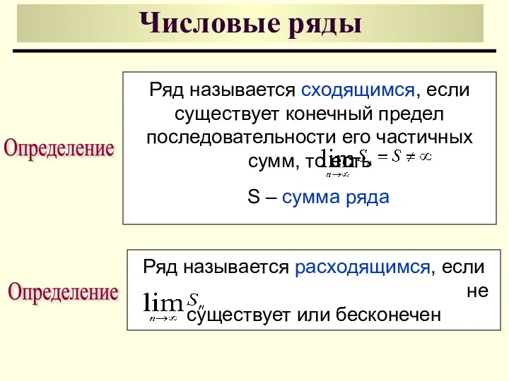 Числовые ряды Определение Ряд называется сходящимся, если существует конечный предел