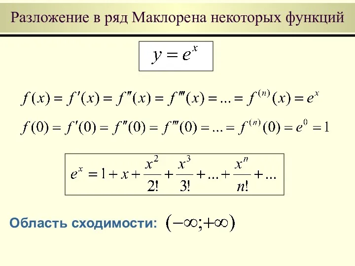 Разложение в ряд Маклорена некоторых функций Область сходимости: