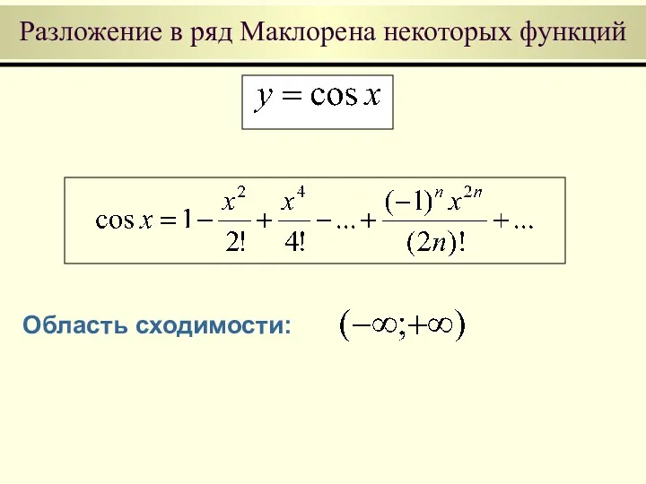 Разложение в ряд Маклорена некоторых функций Область сходимости: