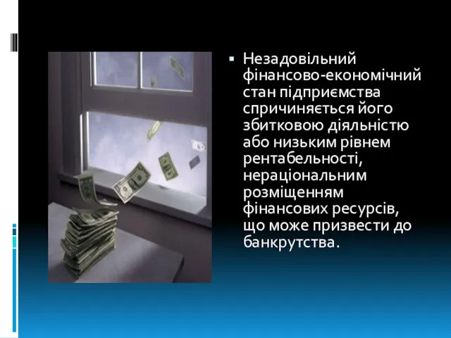 Незадовільний фінансово-економічний стан підприємства спричиняється його збитковою діяльністю або низьким