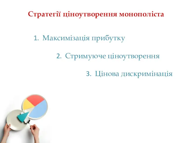 Стратегії ціноутворення монополіста Максимізація прибутку Стримуюче ціноутворення Цінова дискримінація