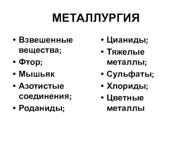 МЕТАЛЛУРГИЯ Взвешенные вещества; Фтор; Мышьяк Азотистые соединения; Роданиды; Цианиды; Тяжелые металлы; Сульфаты; Хлориды; Цветные металлы