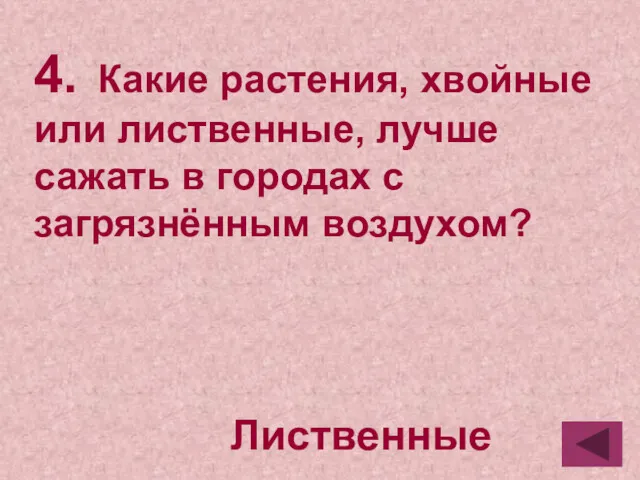 4. Какие растения, хвойные или лиственные, лучше сажать в городах с загрязнённым воздухом? Лиственные