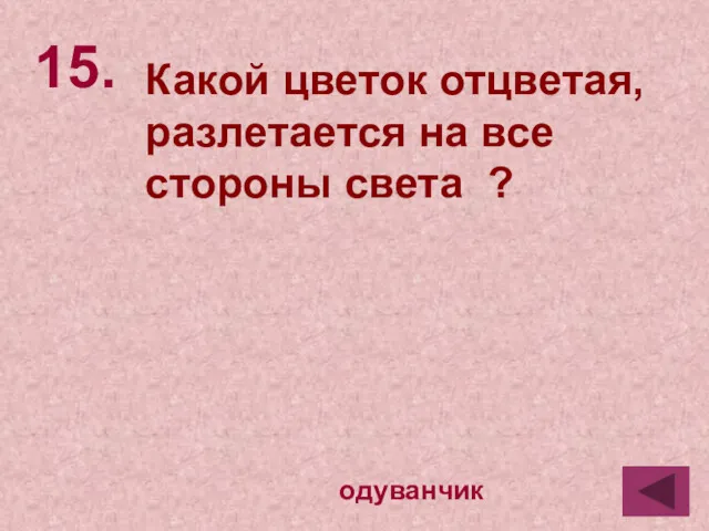 15. одуванчик Какой цветок отцветая, разлетается на все стороны света ?