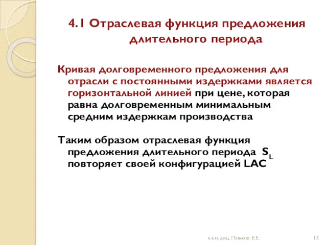 4.1 Отраслевая функция предложения длительного периода Кривая долговременного предложения для