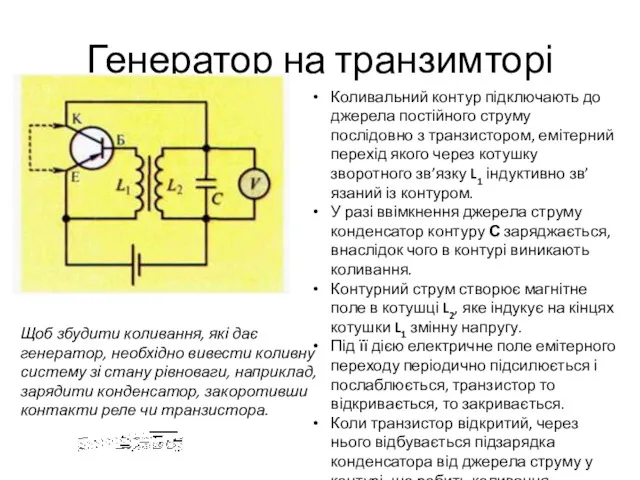 Генератор на транзимторі Коливальний контур підключають до джерела постійного струму