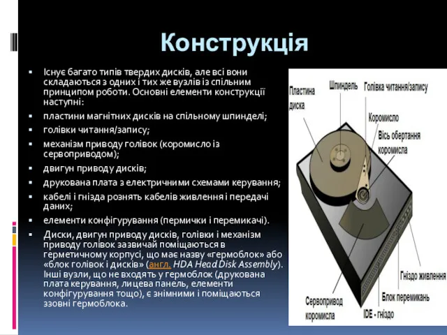 Конструкція Існує багато типів твердих дисків, але всі вони складаються з одних і