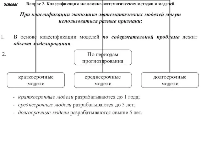 При классификации экономико-математических моделей могут использоваться разные признаки: 2. Вопрос