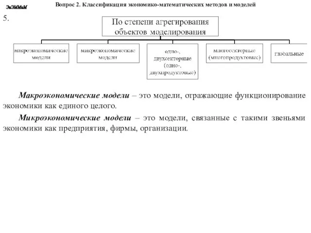 Вопрос 2. Классификация экономико-математических методов и моделей Макроэкономические модели –