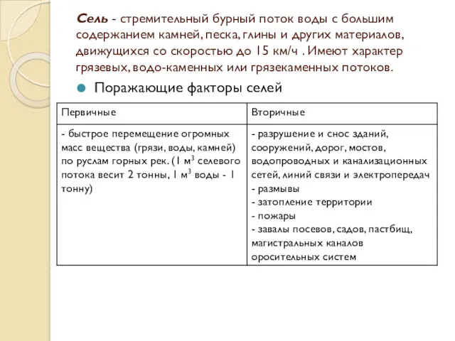 Сель - стремительный бурный поток воды с большим содержанием камней,