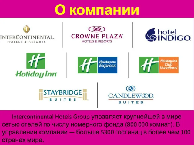 О компании Intercontinental Hotels Group управляет крупнейшей в мире сетью отелей по числу