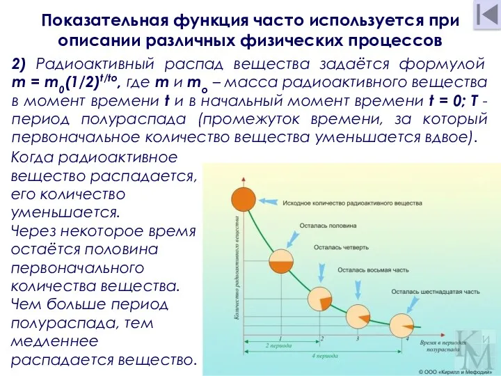 2) Радиоактивный распад вещества задаётся формулой m = m0(1/2)t/tо, где