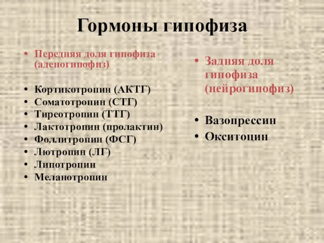 Гормоны гипофиза Передняя доля гипофиза (аденогипофиз) Кортикотропин (АКТГ) Соматотропин (СТГ)